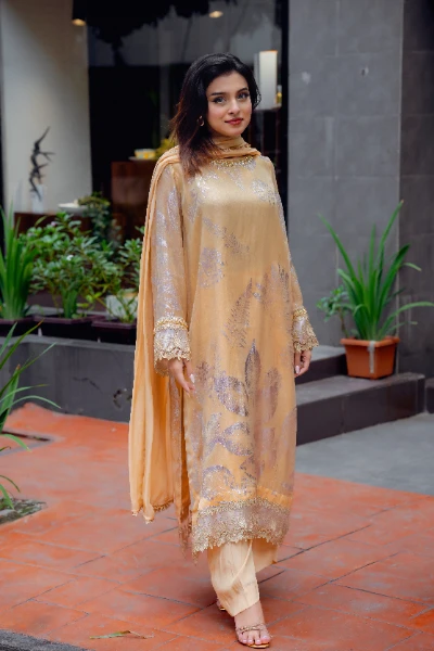 Golden Beige Luxury Embroidered 3 Piece Suit