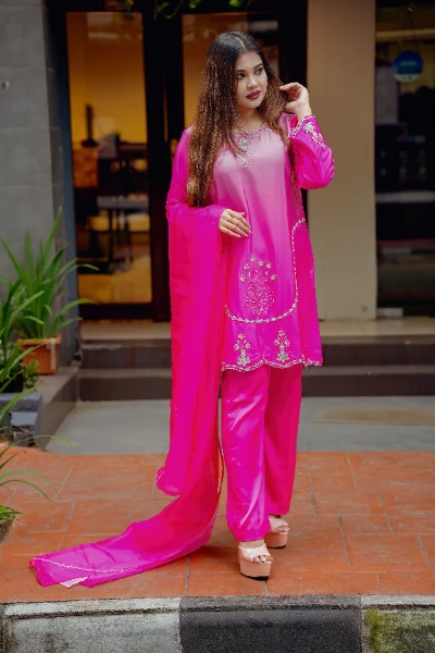 Fuchsia Blossom Embroidered 3 Piece Suit