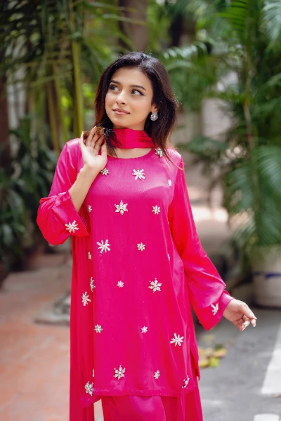 Fuchsia Blossom Embellished Luxury Three-Piece Set