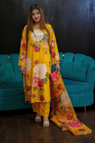 Golden Bloom Printed Luxury 3 Piece Suit