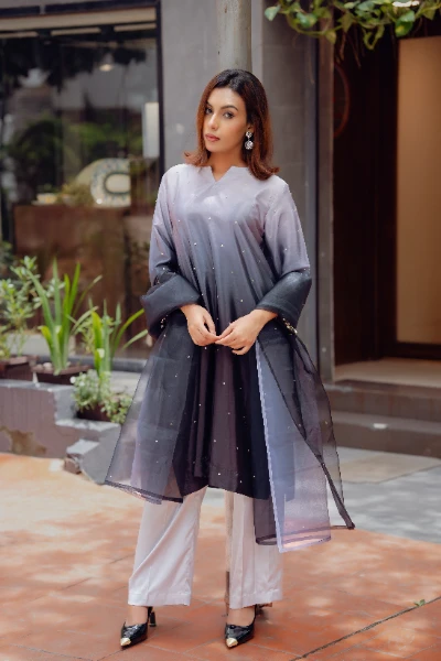 Midnight Mist Pearl Embellished Luxury Kaftan