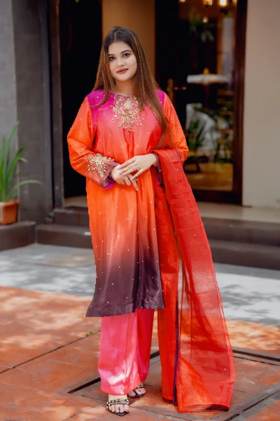 Sunset Coral Ombre Embellished Luxury Three-Piece Set